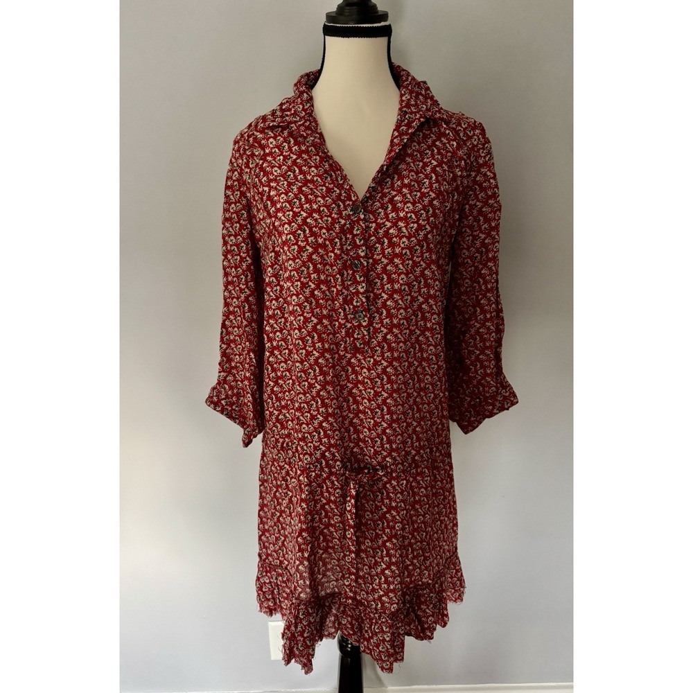 Zadig & Voltaire Women M Red Floral Cotton Shirt Dress Ruffle Hem Boho